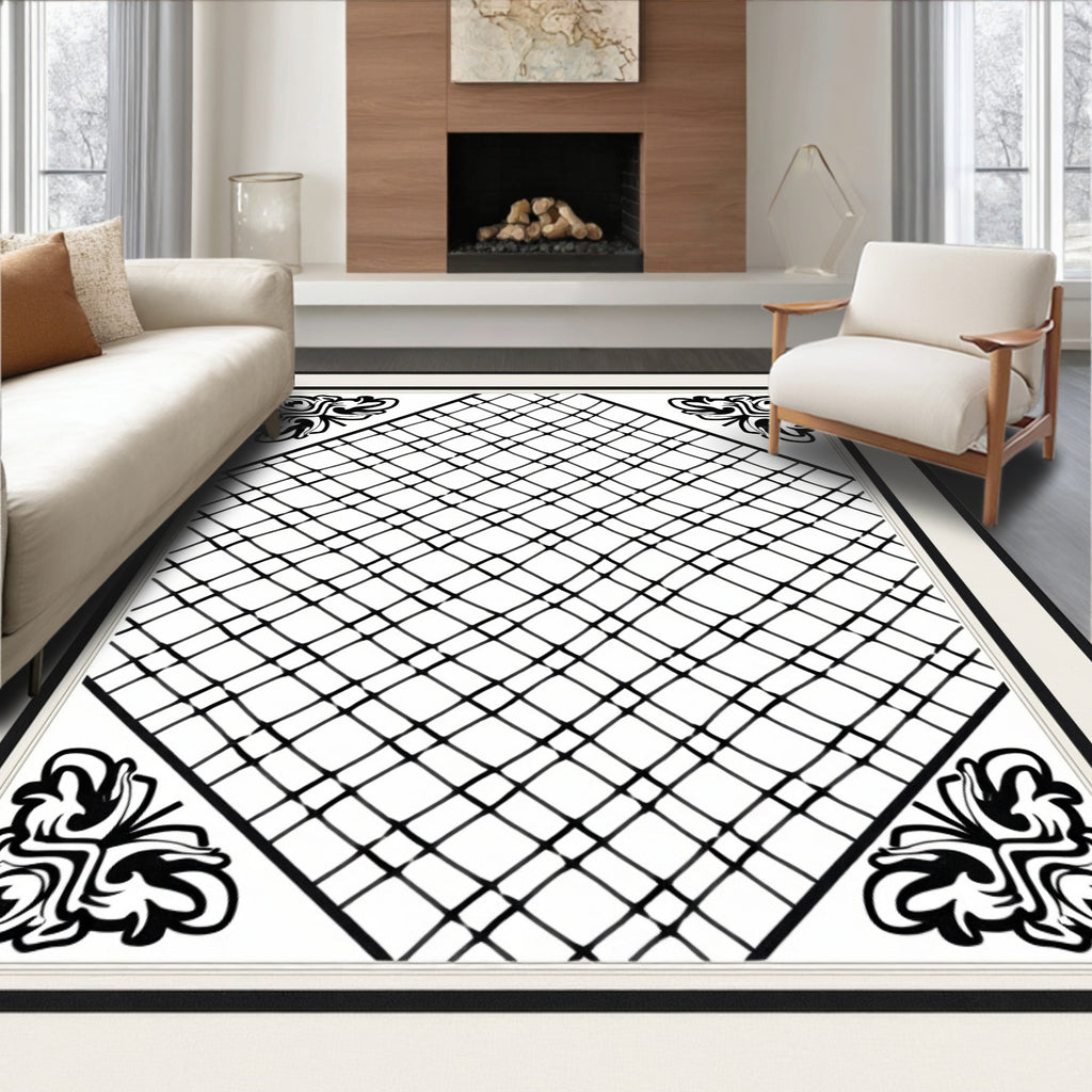 Black White Abstract Diamond Accents Rug