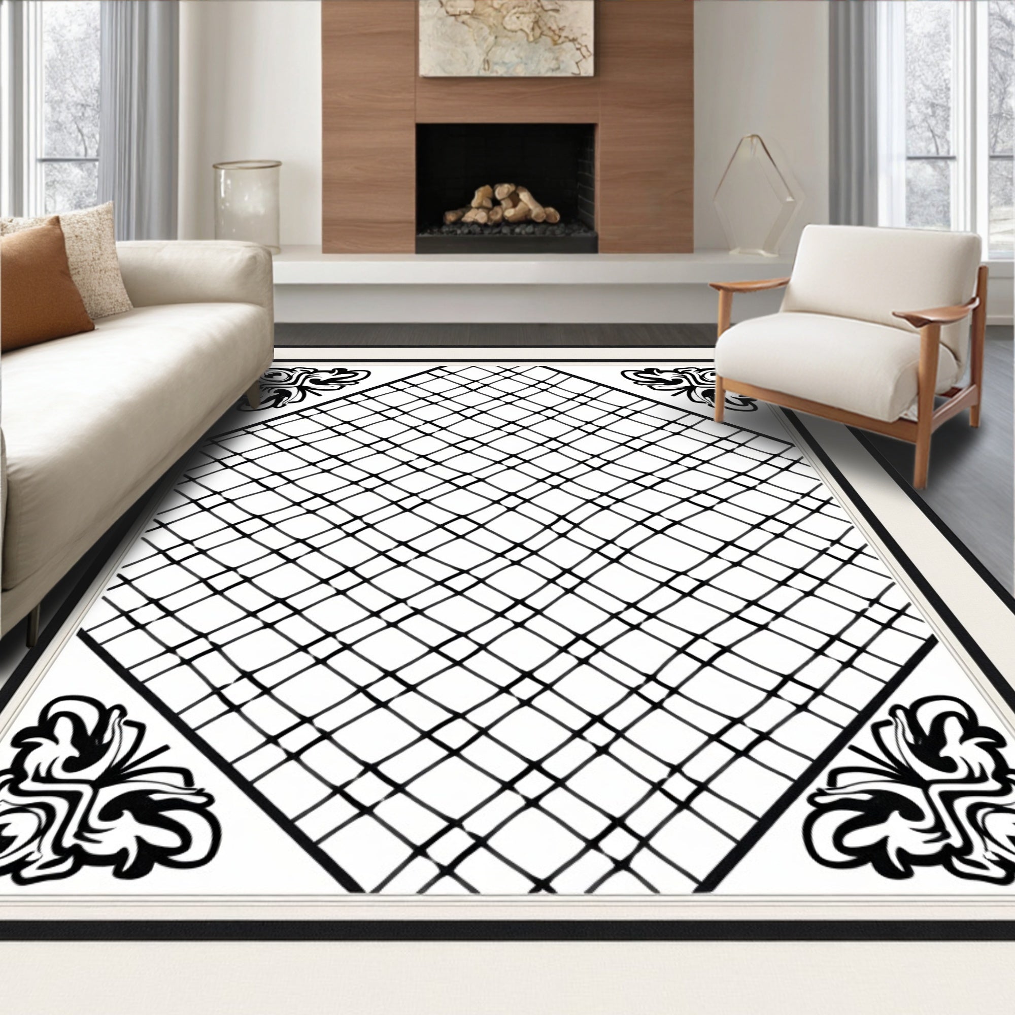 Black White Abstract Diamond Accents Rug