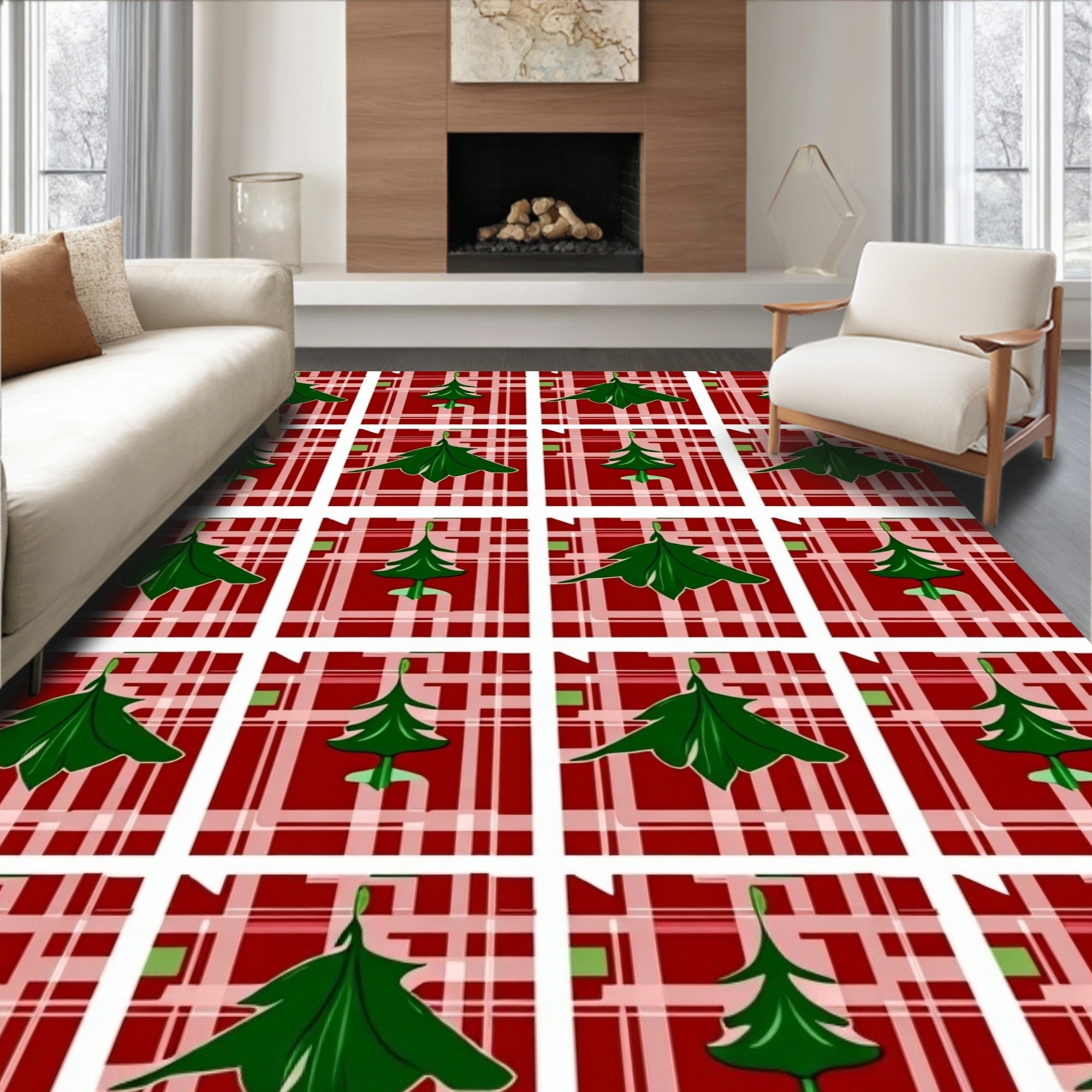 Red Green Plaid Christmas Tree Rug
