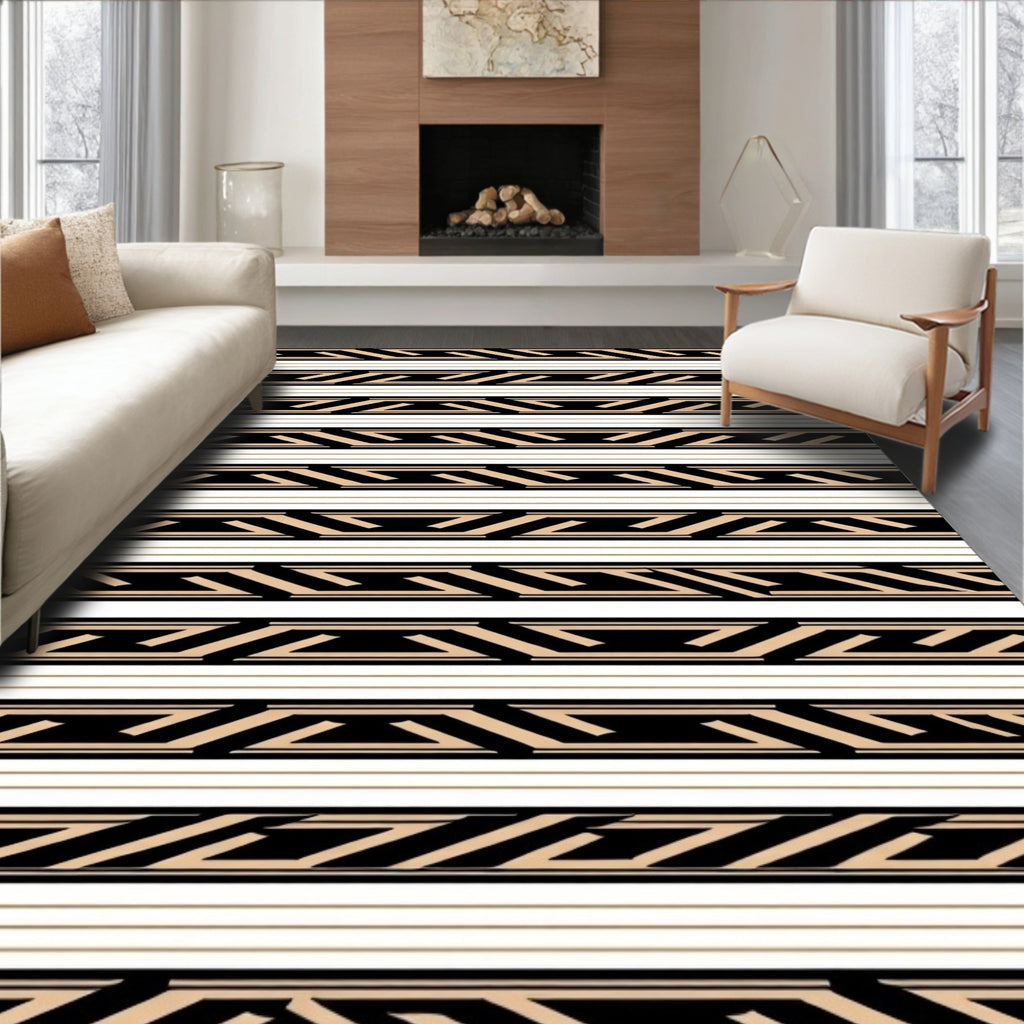 Black tan geometric horizontal stripe Rug