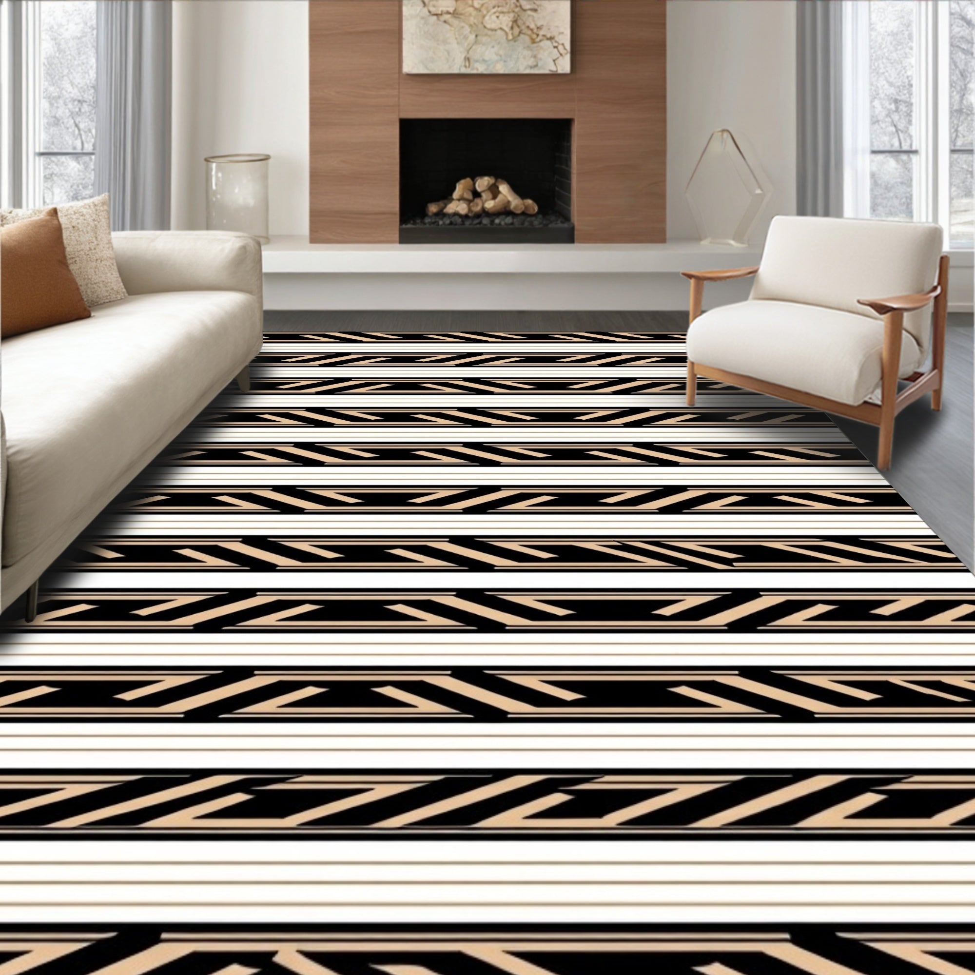 Black tan geometric horizontal stripe Rug