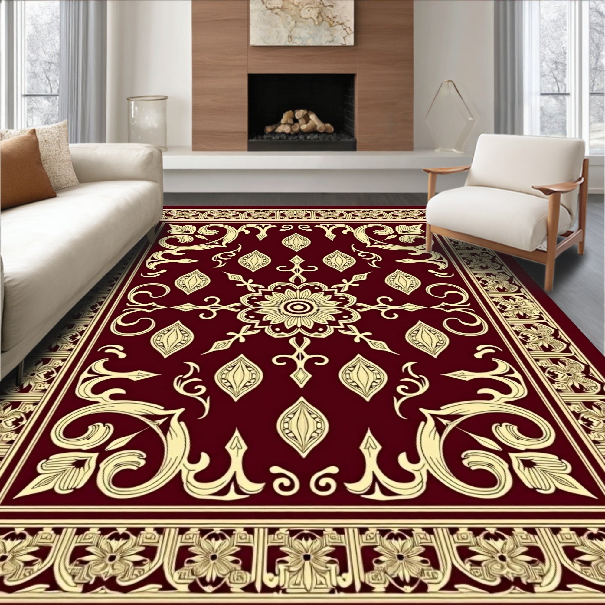 Deep Red Floral Scrollwork Center Rug