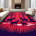 Crimson Forest Deer Silhouette Scene Rug