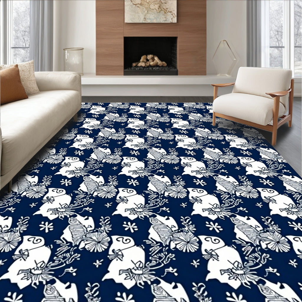 Deep Blue White Whimsical Floral Creatures Rug