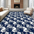 Deep Blue White Whimsical Floral Creatures Rug