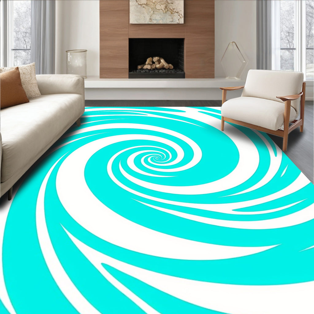 Vibrant Aqua Swirl Optical Illusion Rug