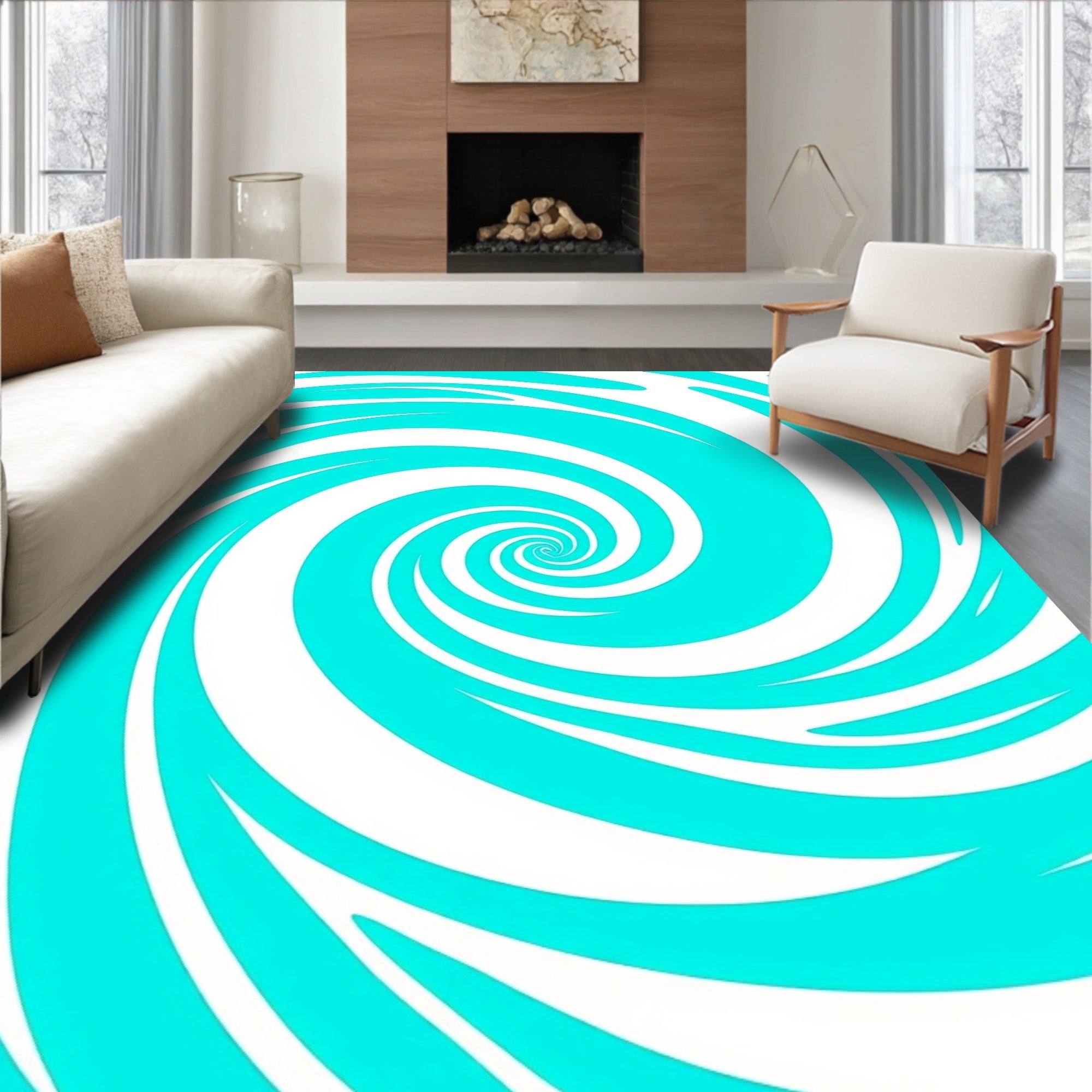 Vibrant Aqua Swirl Optical Illusion Rug