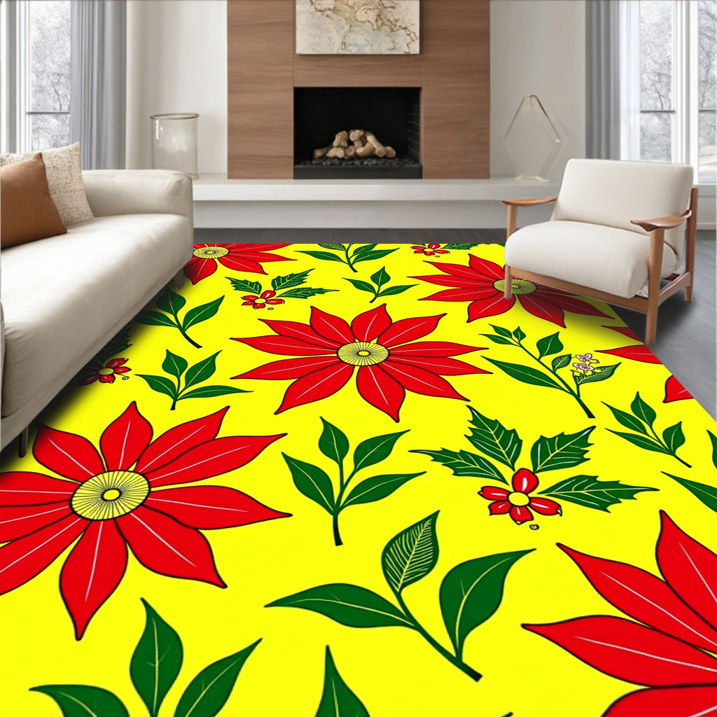 Bold Red Floral Yellow Botanical Rug