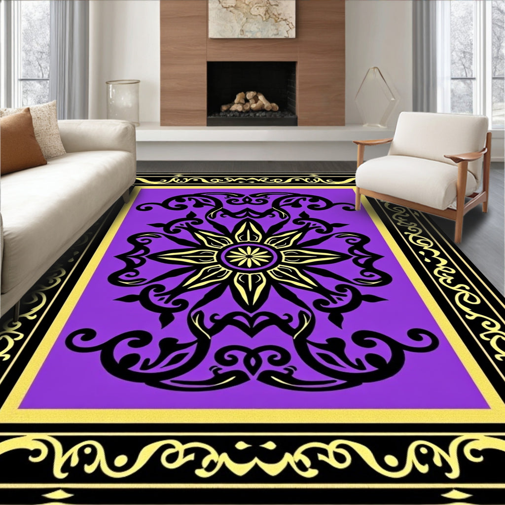Vibrant Purple Black Golden Medallion Frame Rug