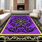 Vibrant Purple Black Golden Medallion Frame Rug