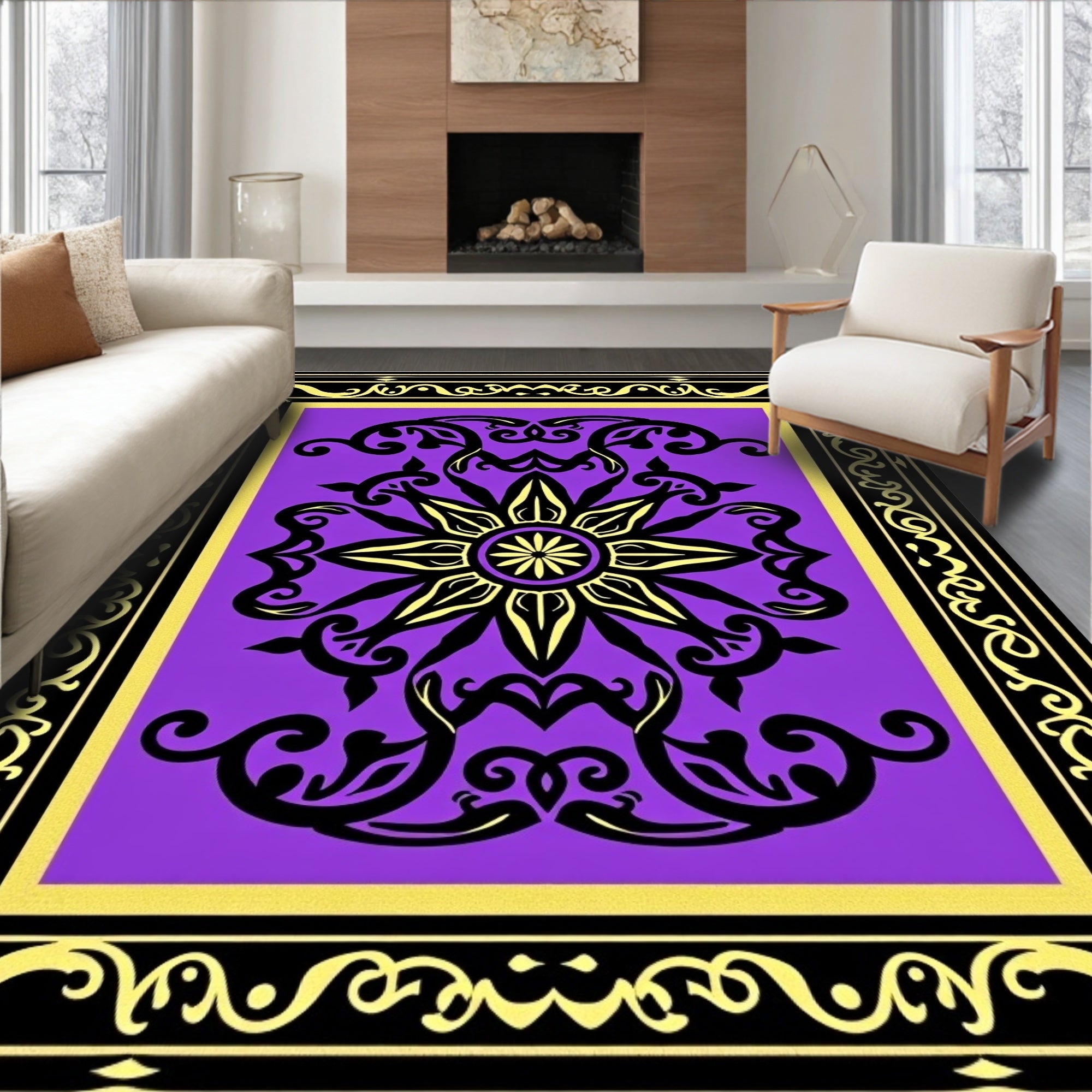 Vibrant Purple Black Golden Medallion Frame Rug