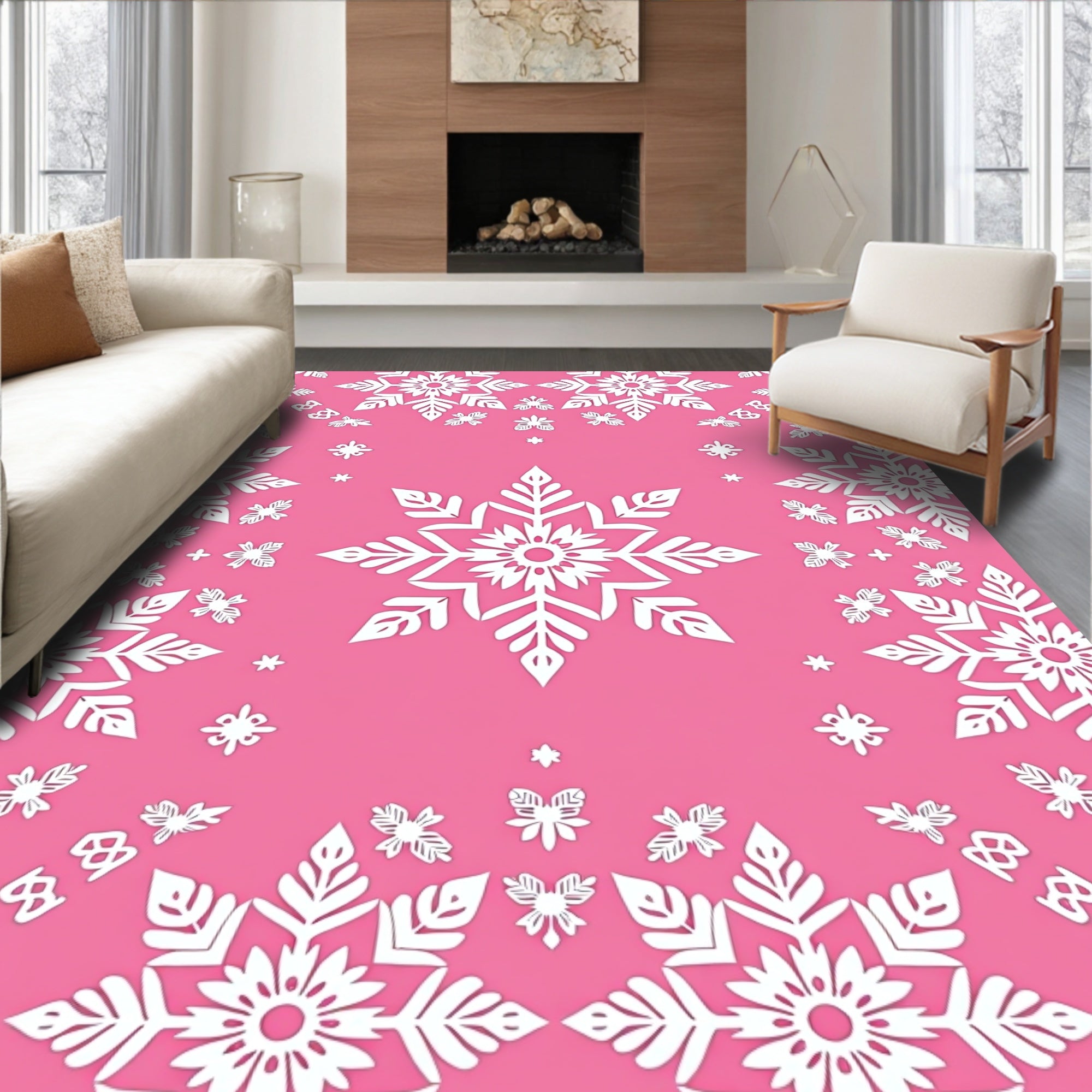Pink White Snowflake Border Array Rug
