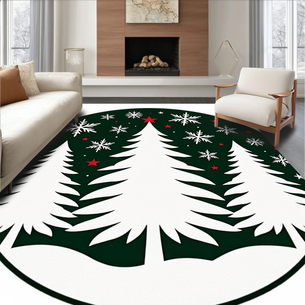 Festive Green Christmas Tree Snowflakes Rug