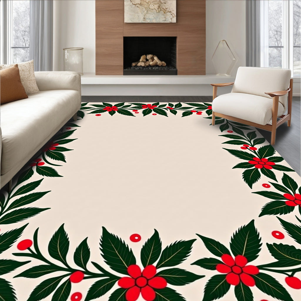 Festive Red Holly Border Rug