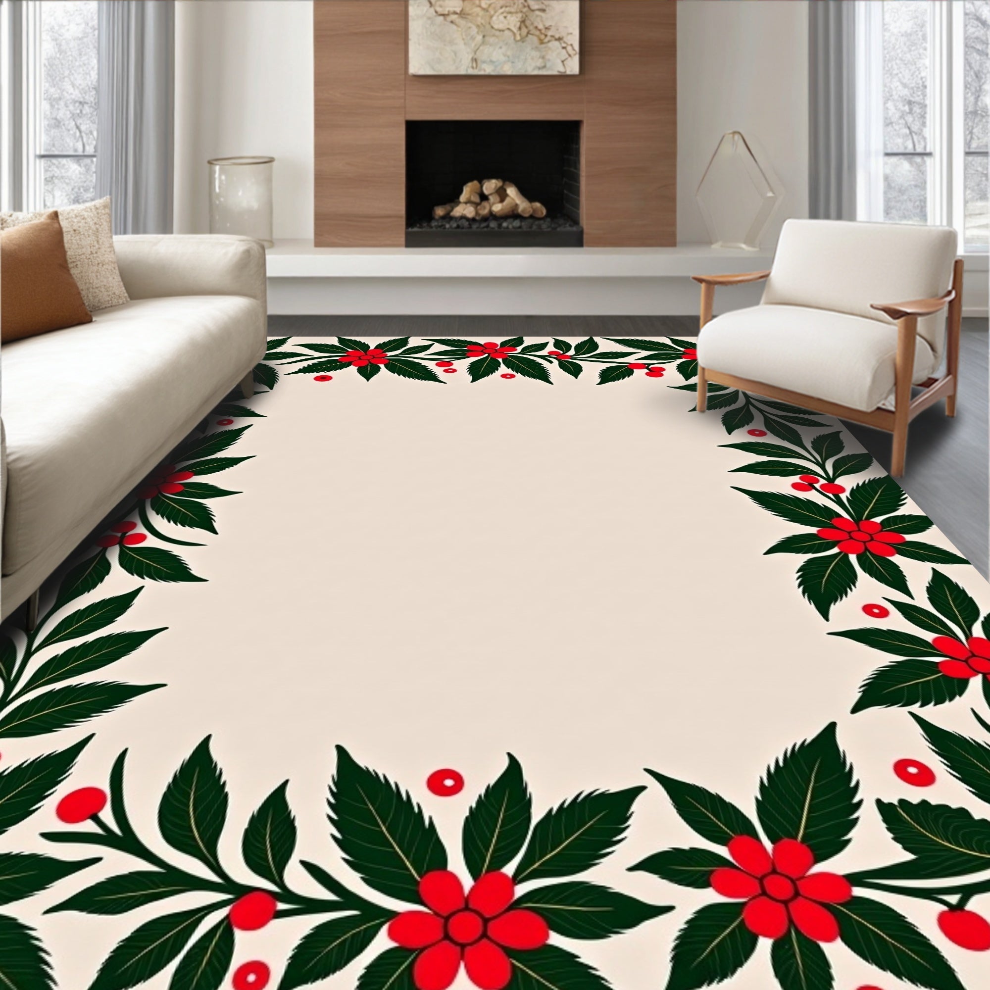 Festive Red Holly Border Rug