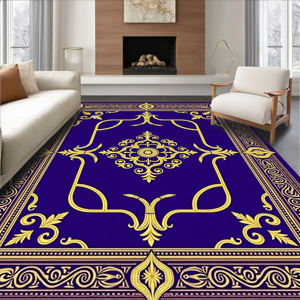 Royal Blue Gold Baroque Medallion Rug