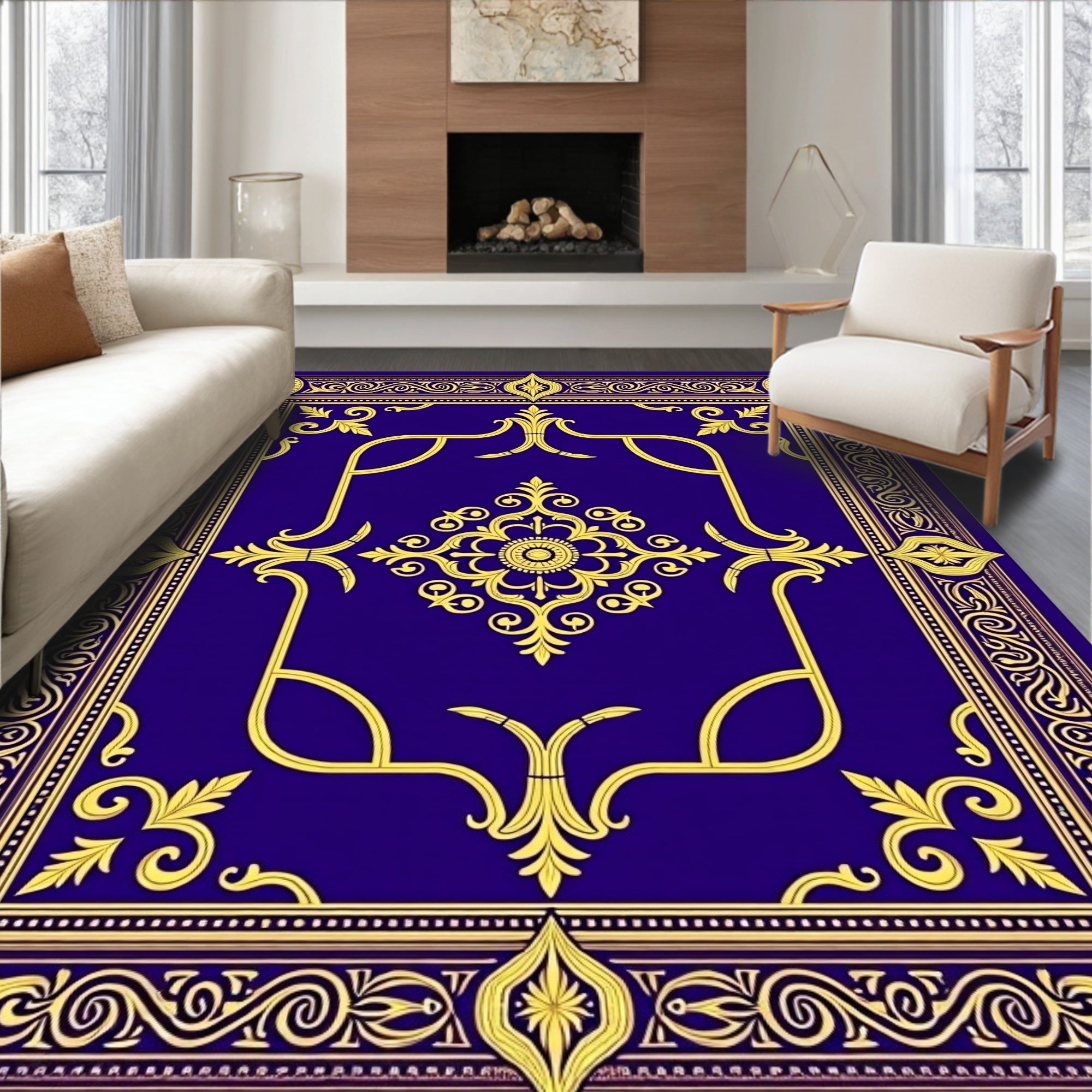 Royal Blue Gold Baroque Medallion Rug