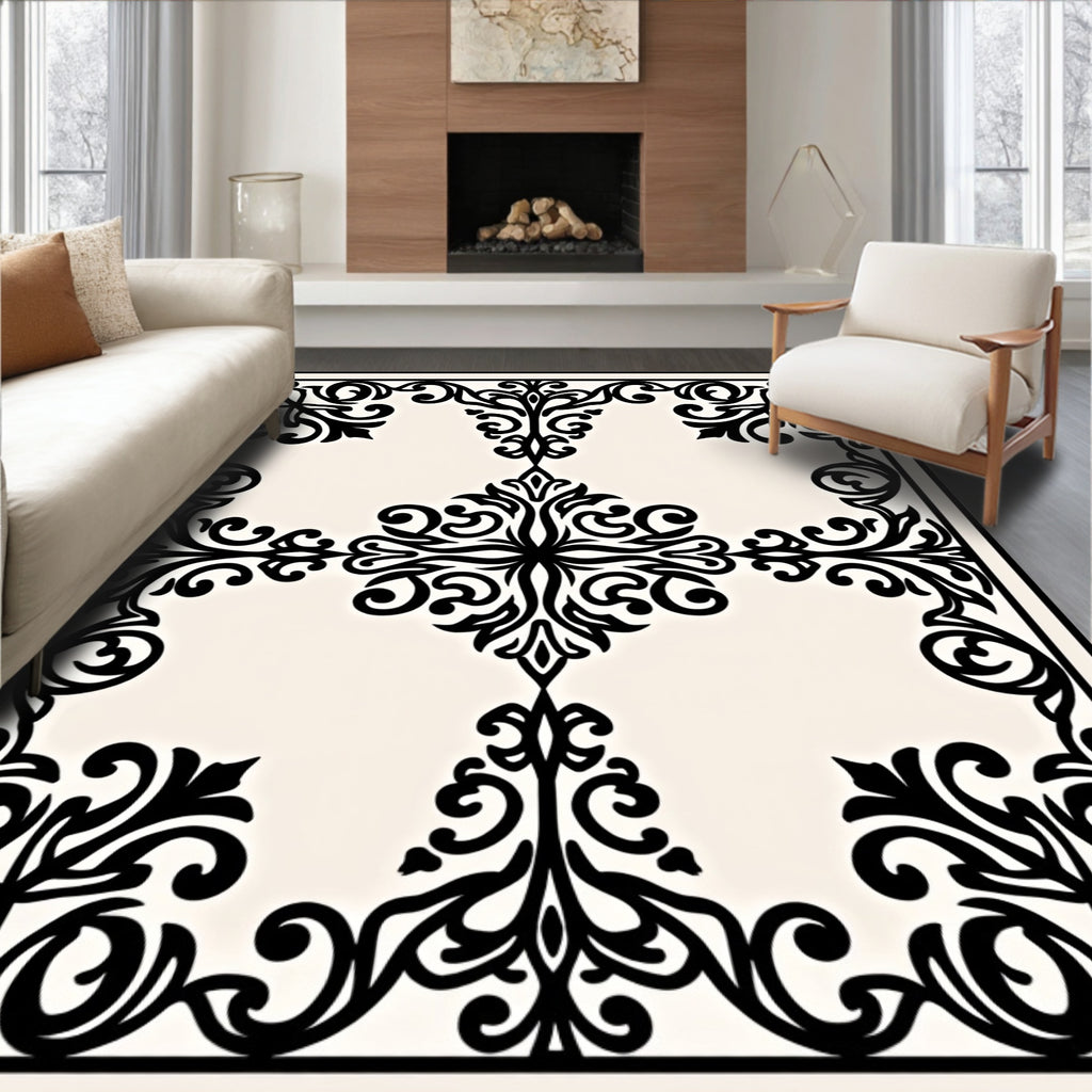 Ornate Black Scrollwork Cream Medallion Rug