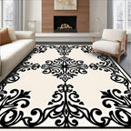 Ornate Black Scrollwork Cream Medallion Rug