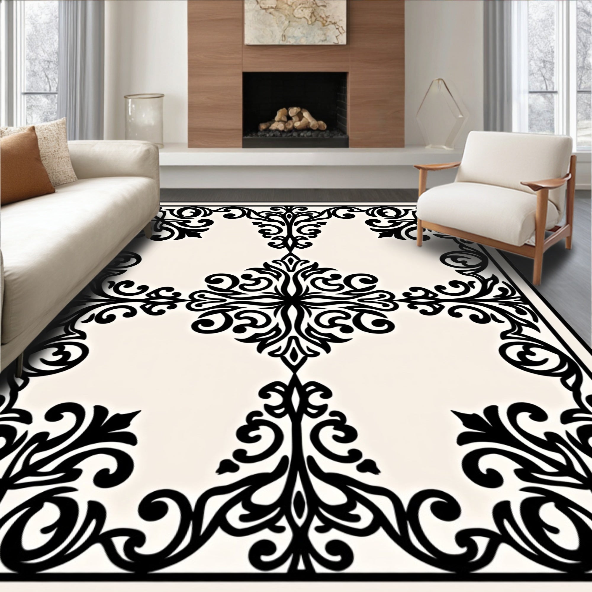 Ornate Black Scrollwork Cream Medallion Rug
