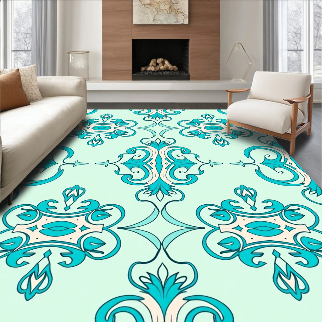 Turquoise Cream Arabesque Scroll Rug
