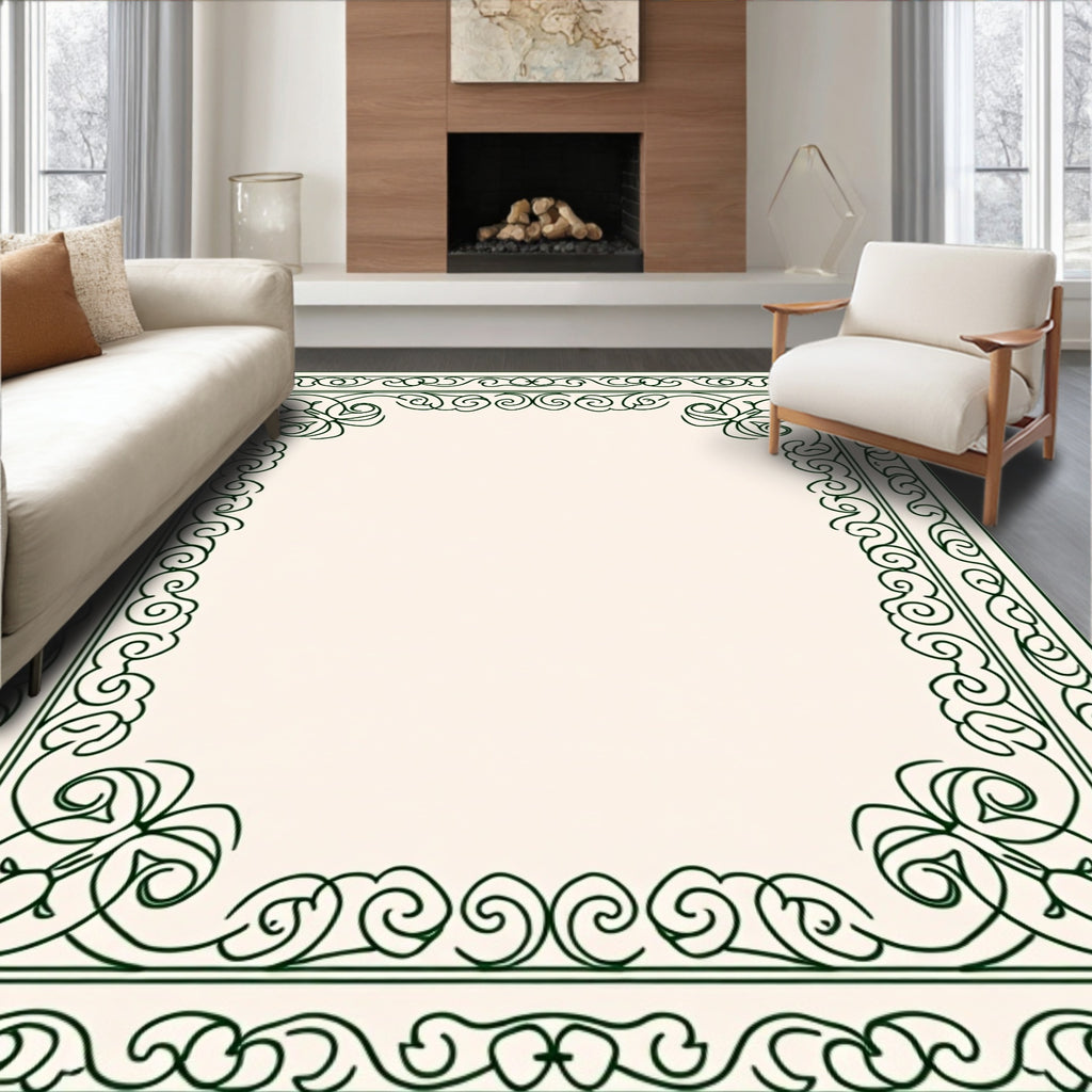 Ornate Dark Green Filigree Border Rug