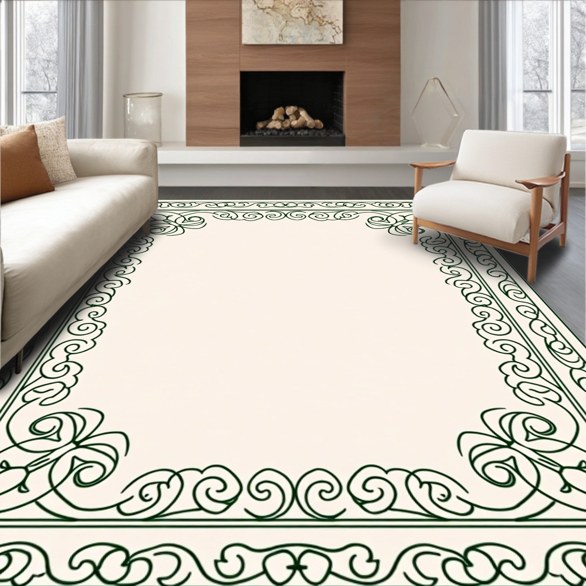 Ornate Dark Green Filigree Border Rug