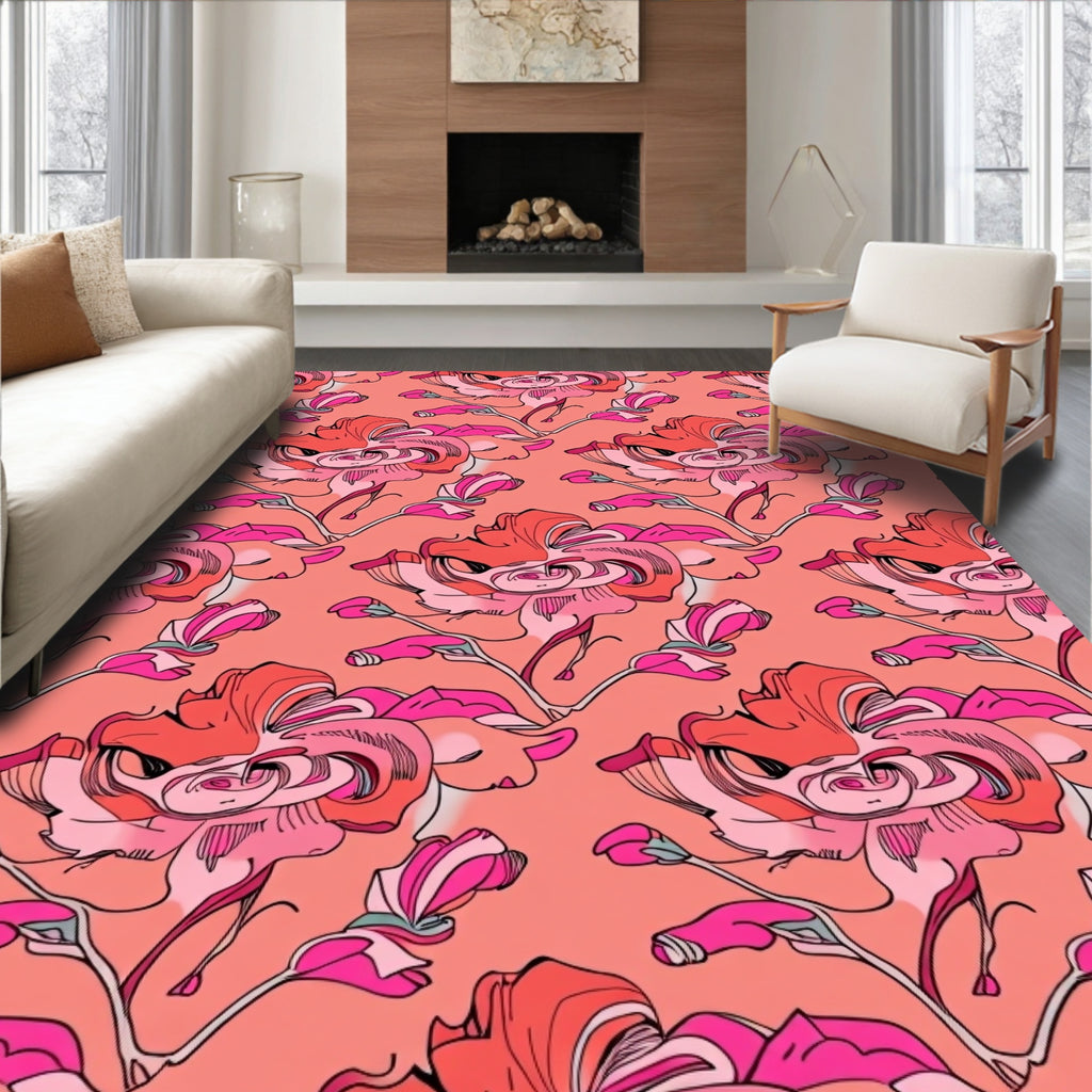Coral Pink Whimsical Floral Arrangement Rug