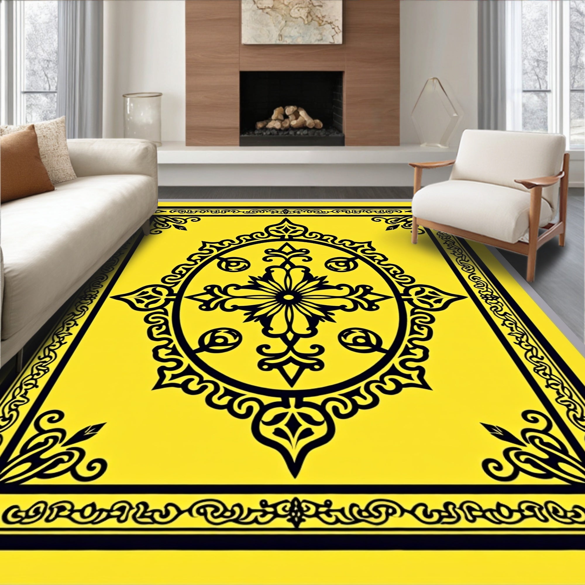 Golden Yellow Black Ornate Medallion Rug