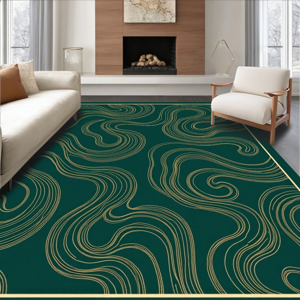 Deep Teal Gold Swirling Lines Rug