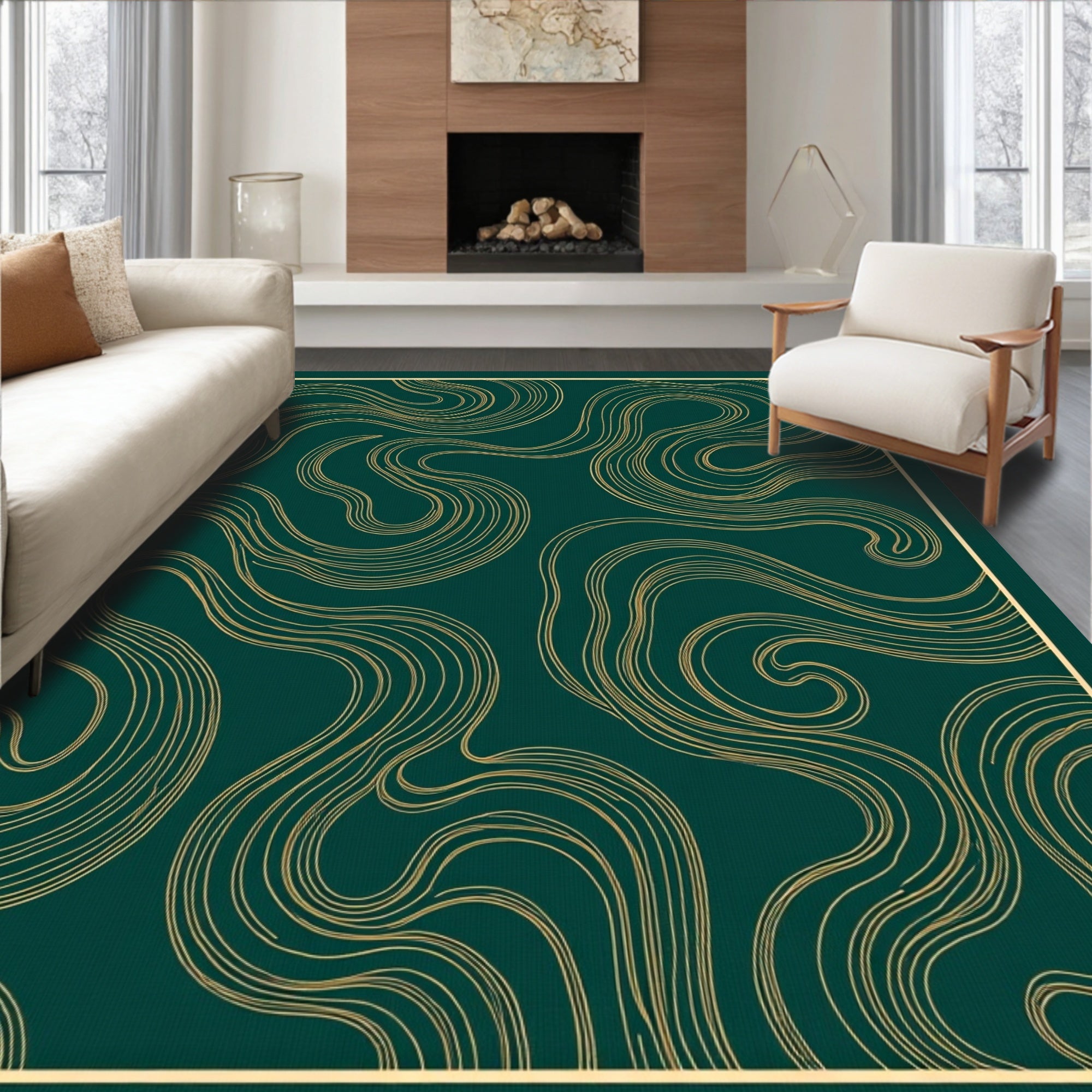 Deep Teal Gold Swirling Lines Rug