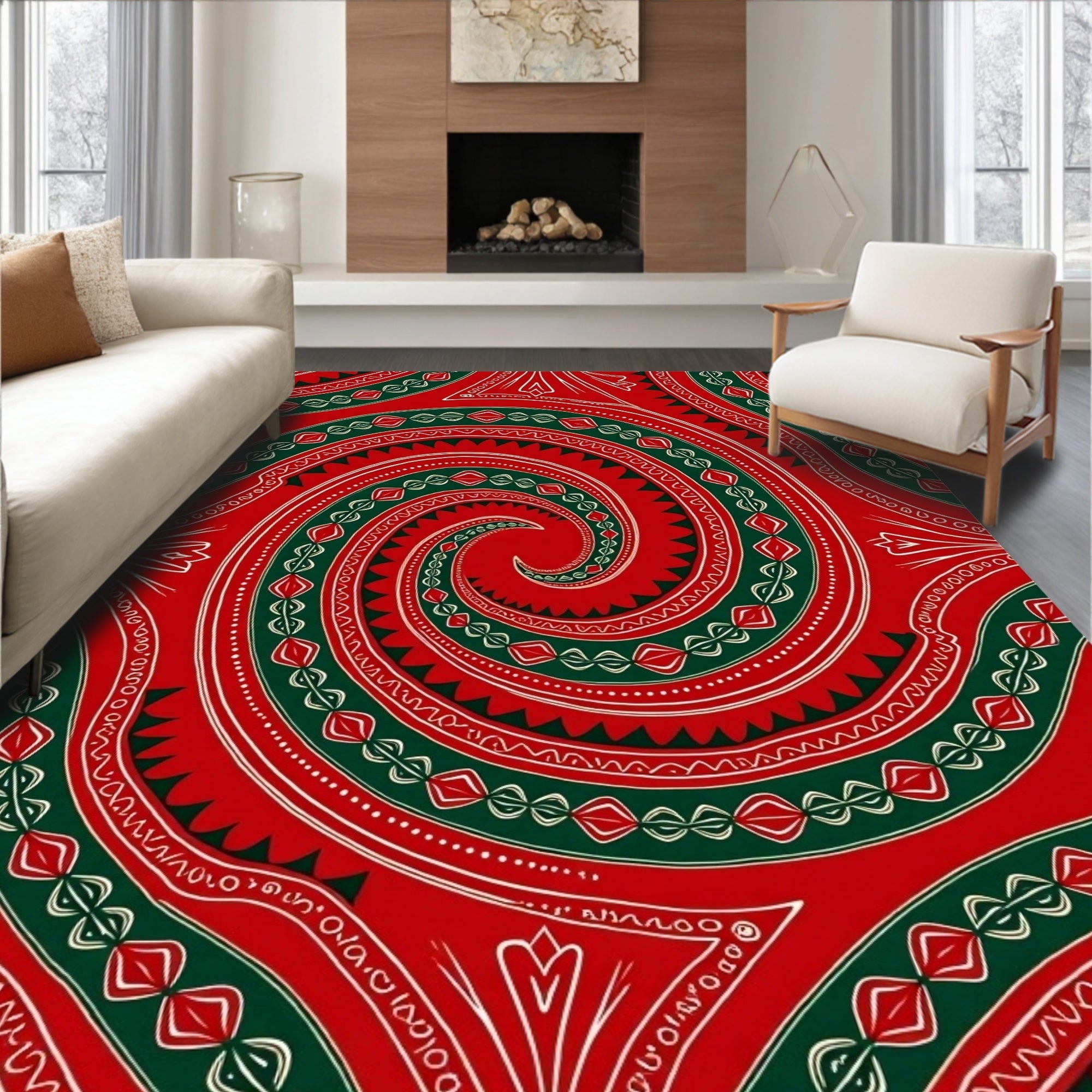 Crimson Green Swirl Folk Art Rug