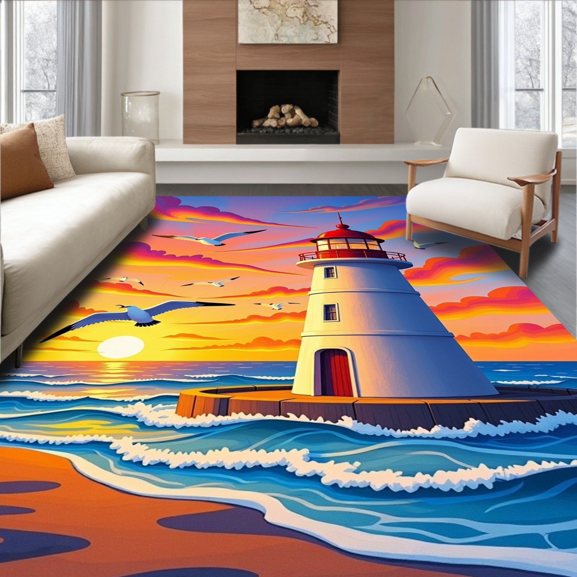 Vibrant Seagulls Sunrise Coastal Lighthouse Rug