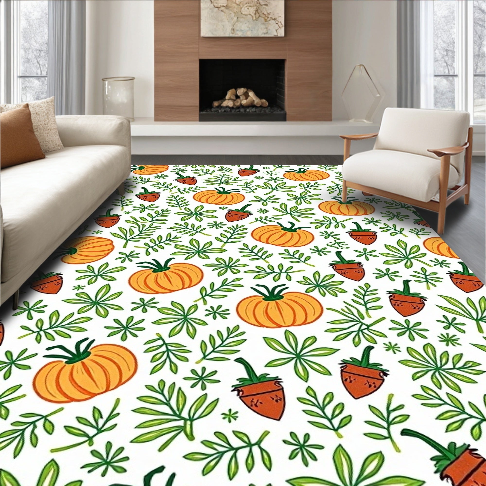 Autumn Orange Pumpkin Green Leaf Garden Rug