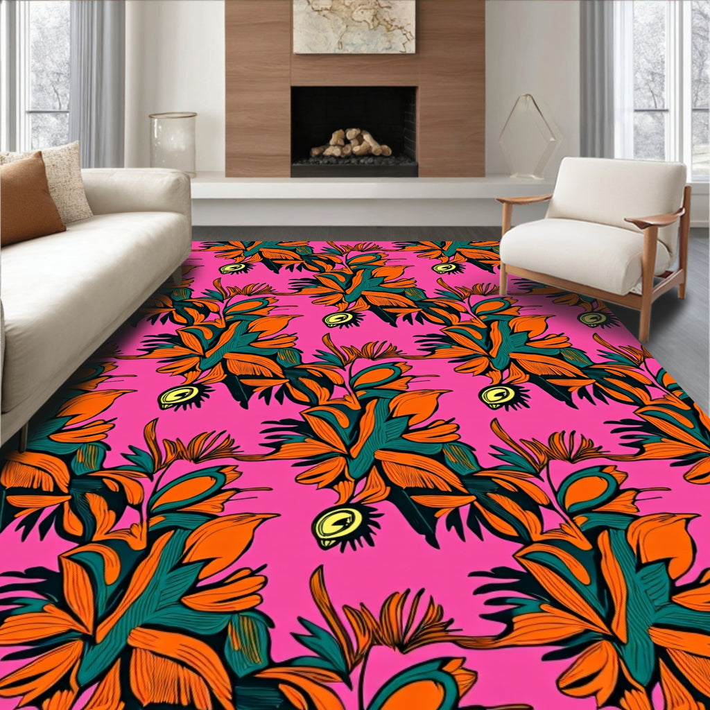 Bold Orange Teal Botanical Floral Rug