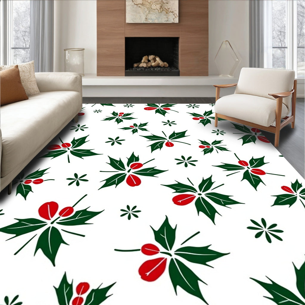 Festive Green Red Holly Leaf Cluster Rug