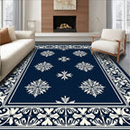 Navy Cream Floral Medallion Border Rug