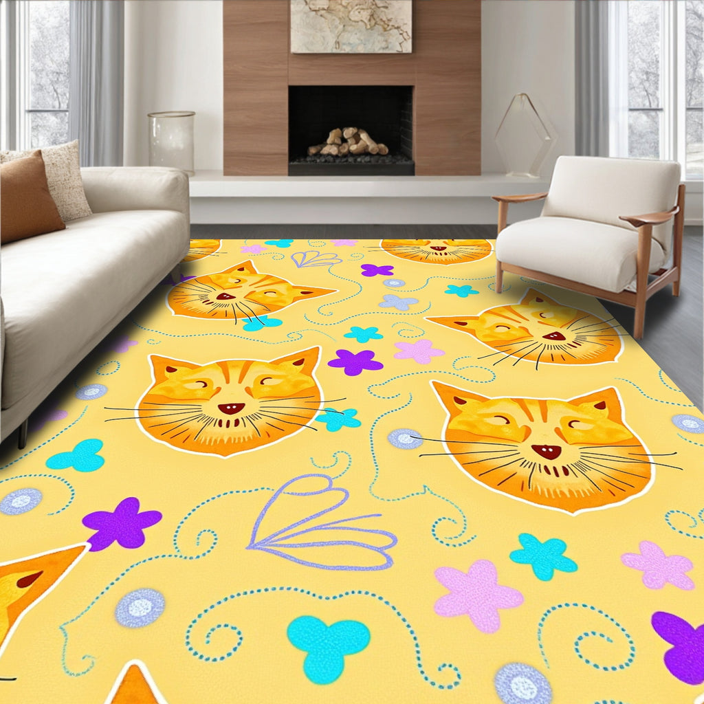 Whimsical Orange Cat Floral Meadow Rug