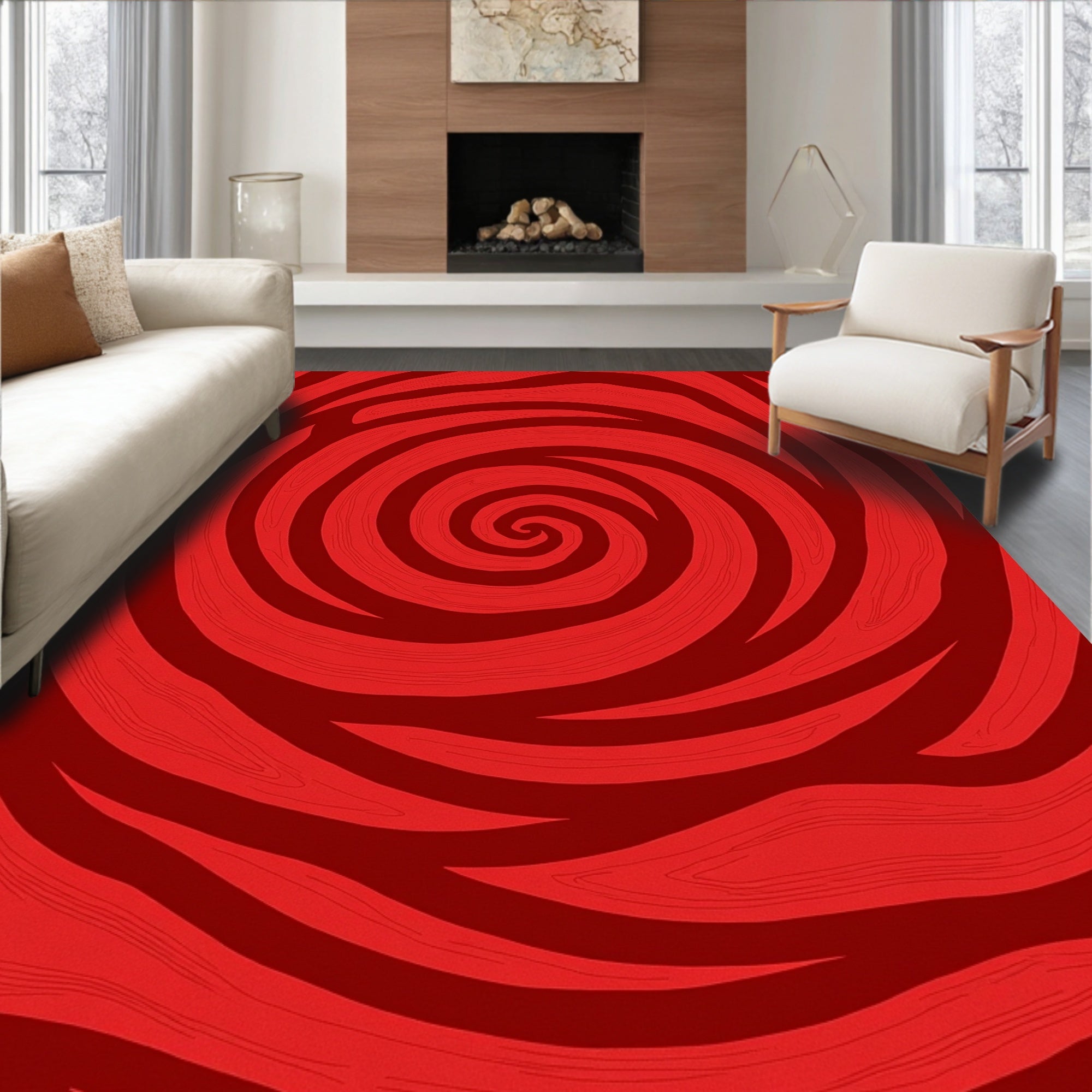 Crimson Red Swirling Wood Grain Rug