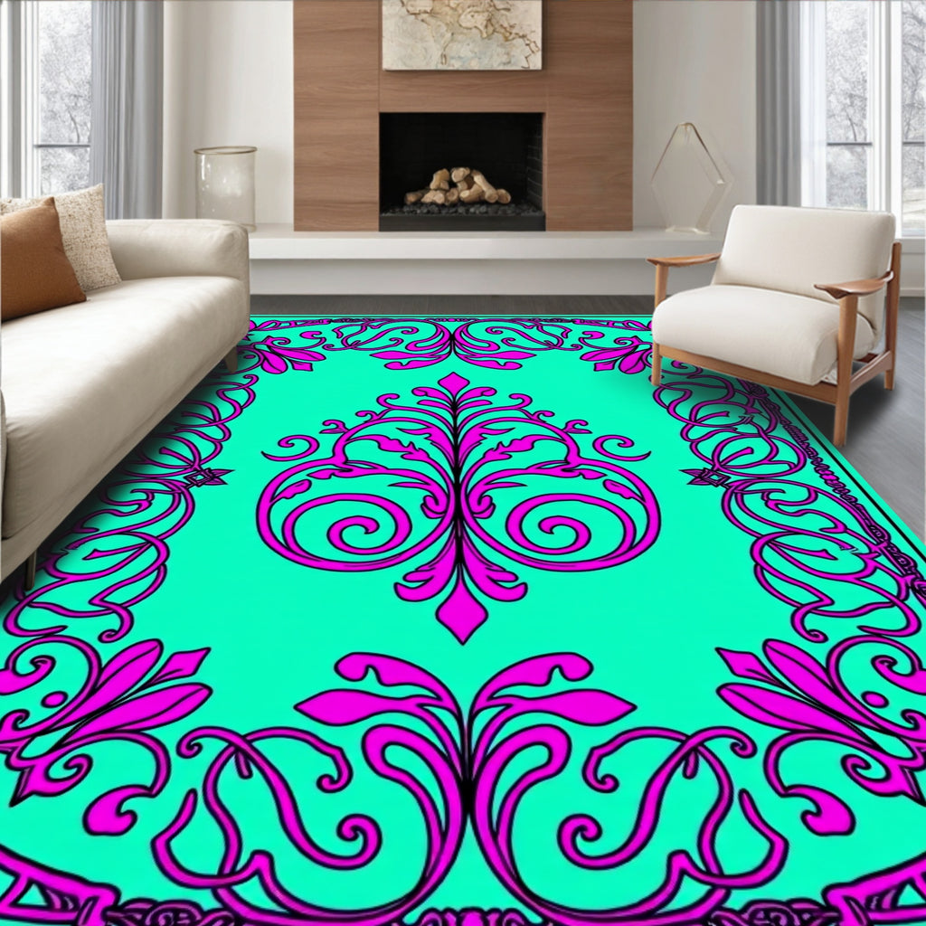 Vibrant Magenta Floral Scroll Border Rug