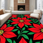 Vivid Red Floral Botanical Black Rug