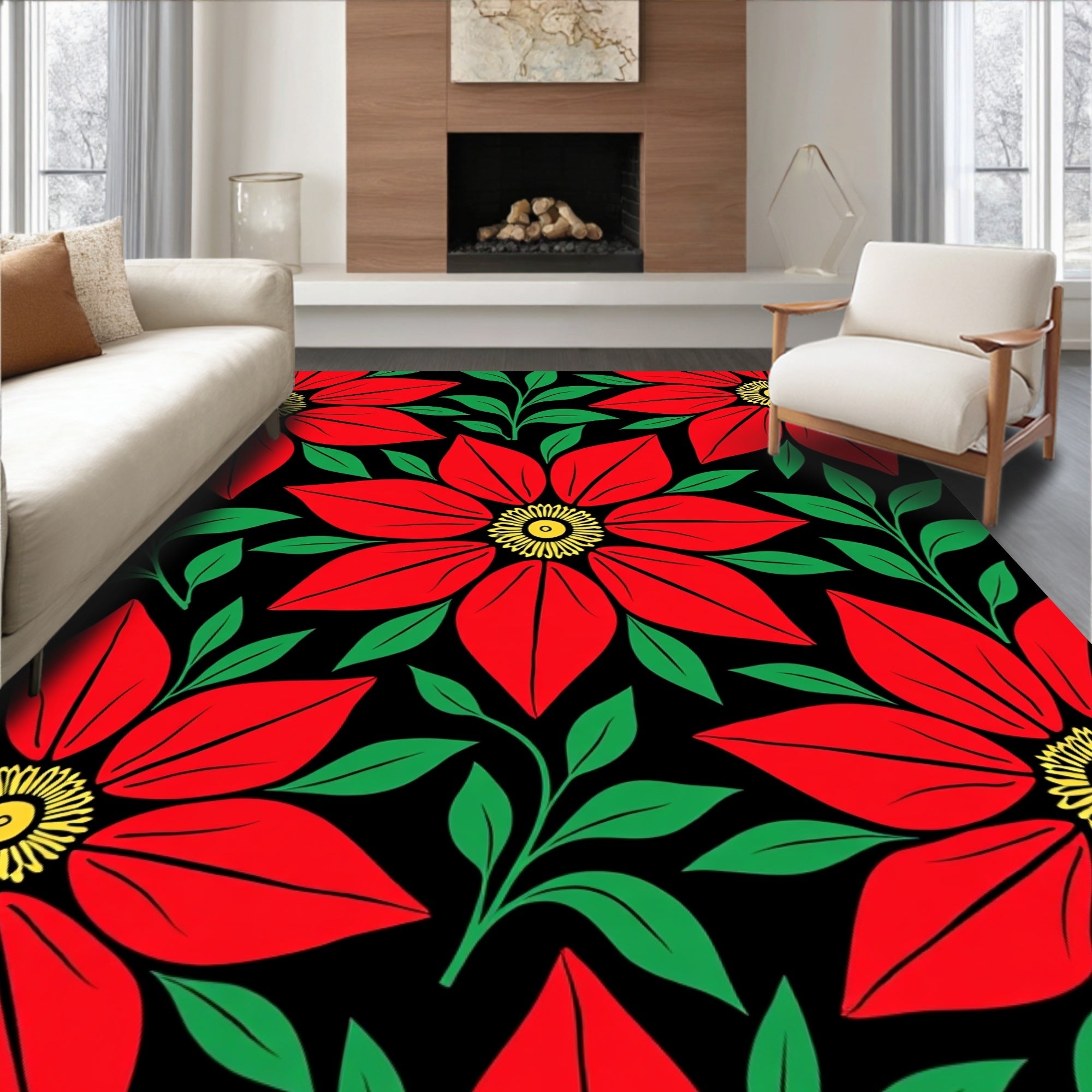 Vivid Red Floral Botanical Black Rug