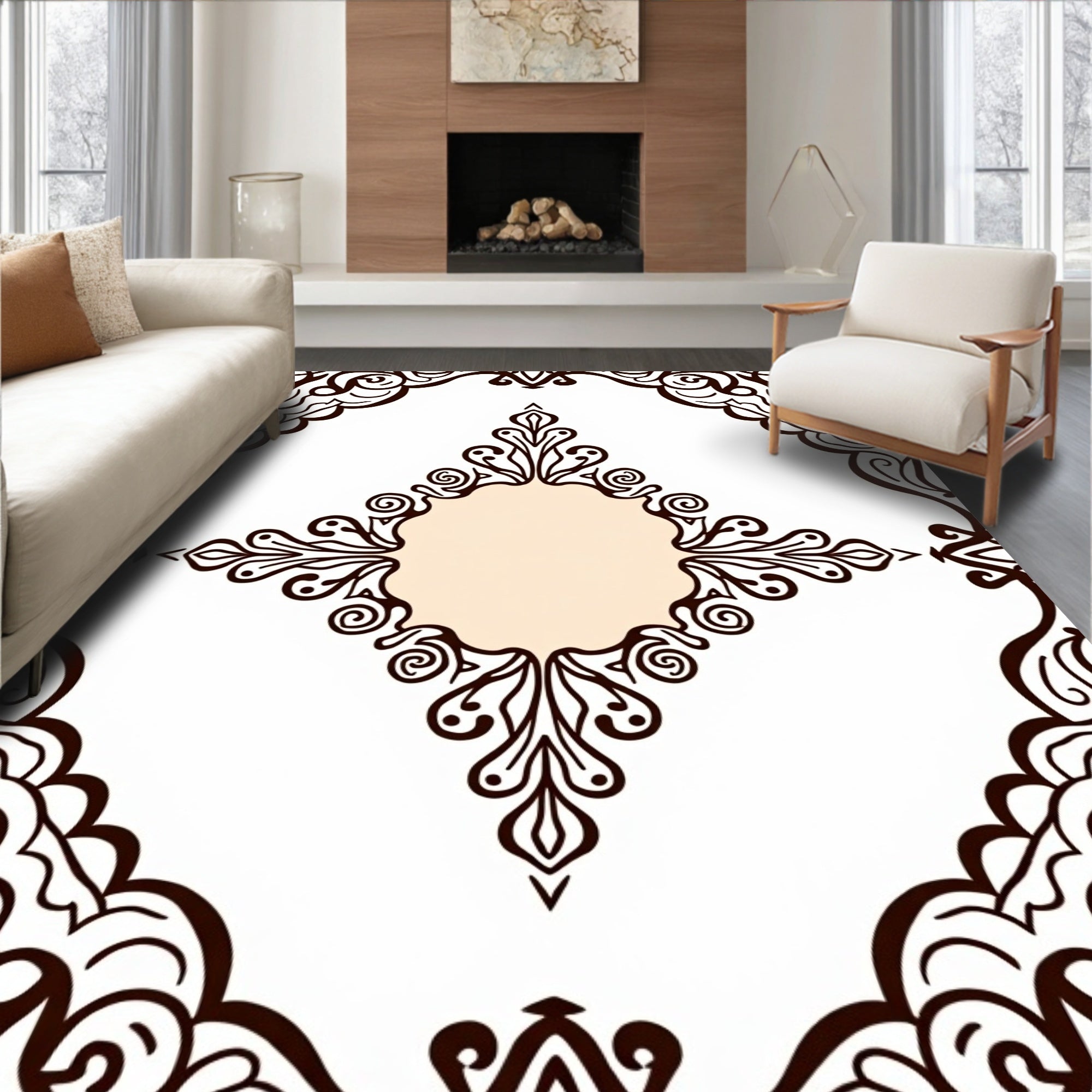 Brown White Filigree Medallion Border Rug