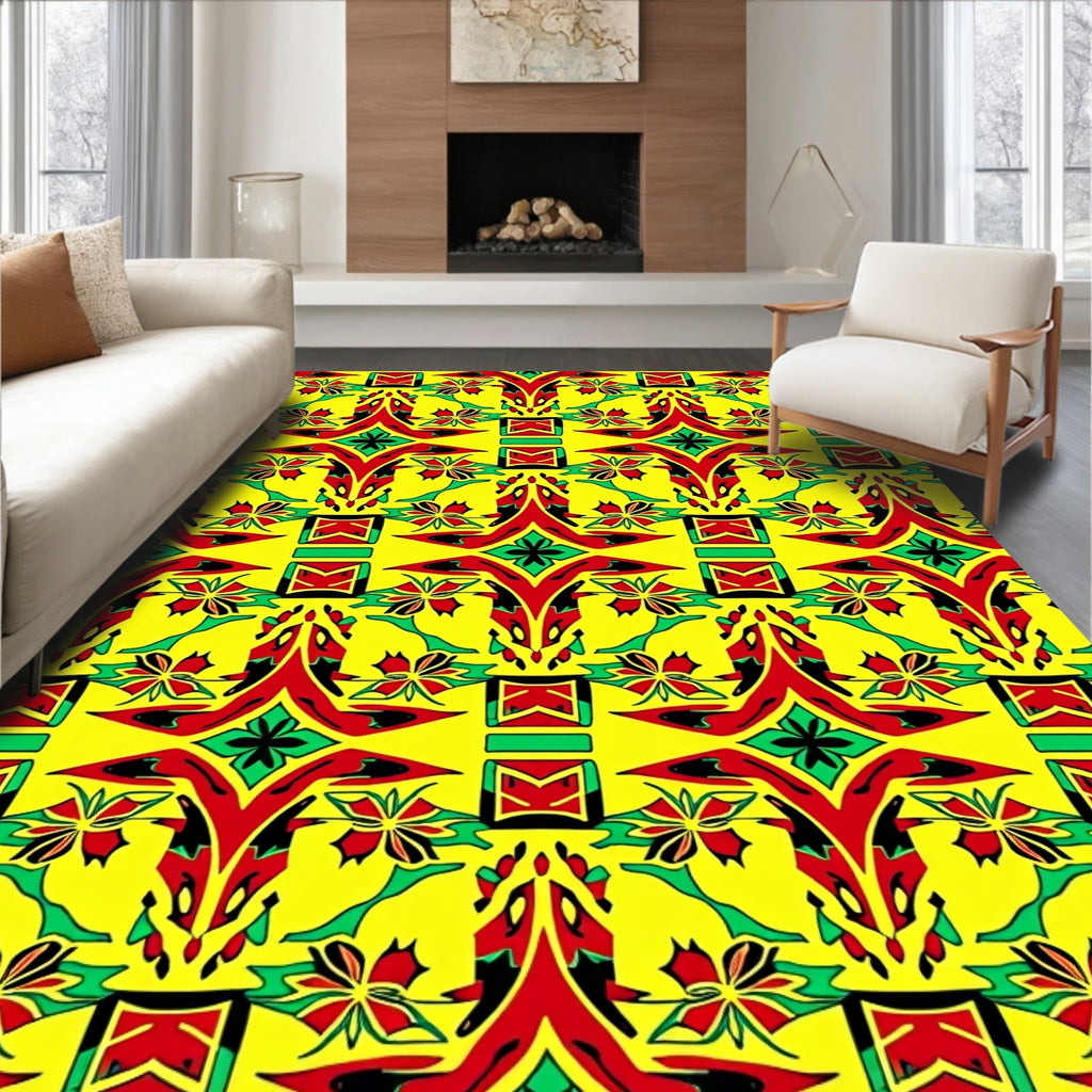 Vibrant Red Green Yellow Abstract Symmetry Rug