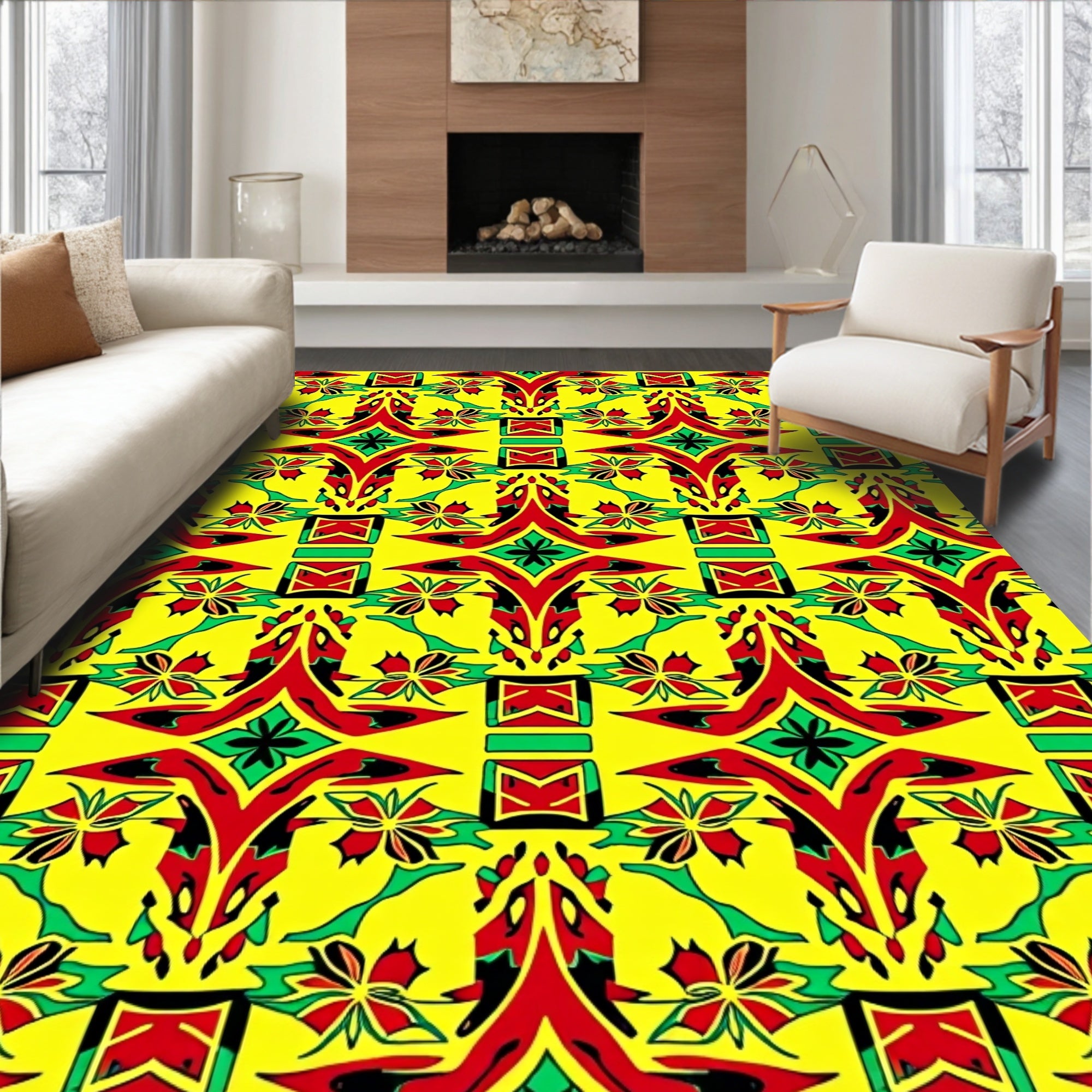 Vibrant Red Green Yellow Abstract Symmetry Rug
