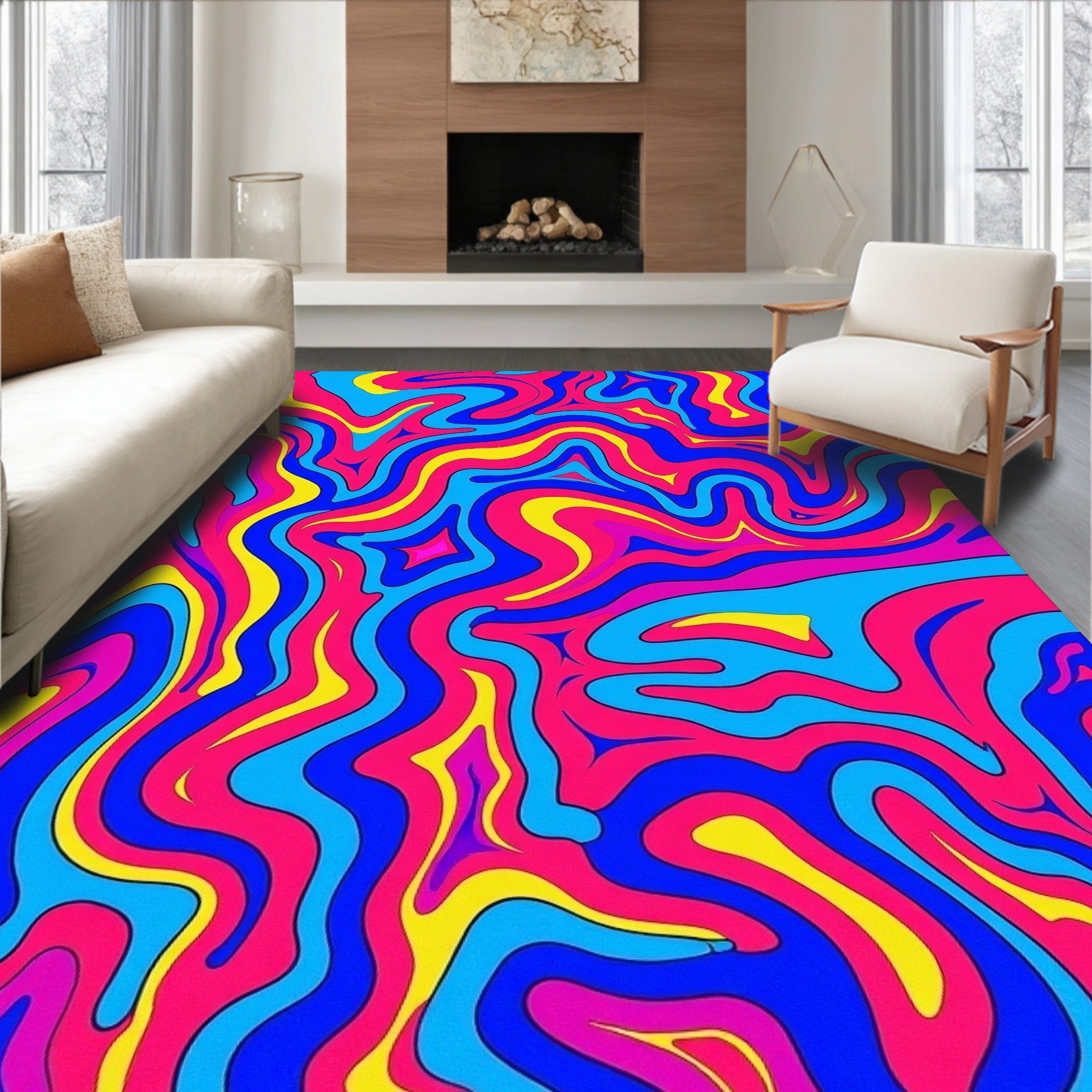 Vibrant Pink Blue Yellow Swirl Rug