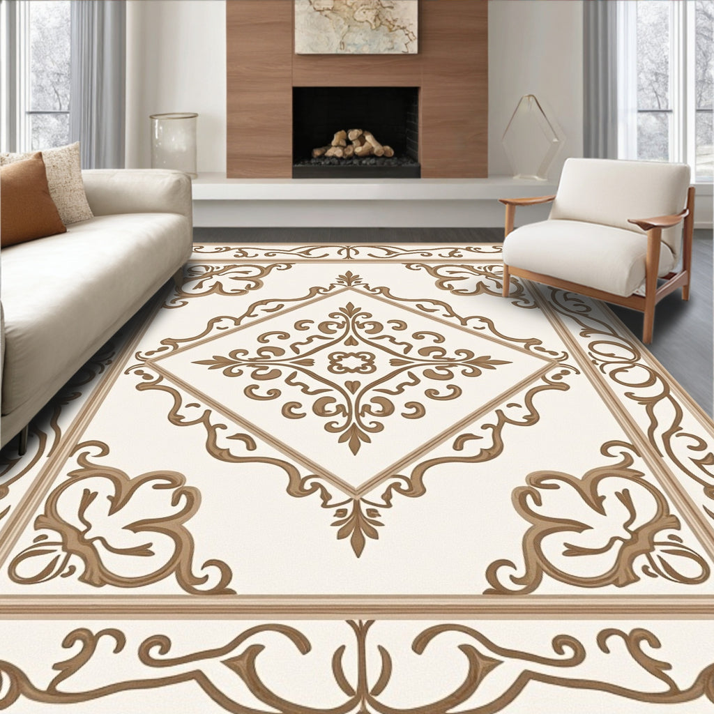 Ornate Cream Brown Scroll Medallion Rug