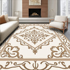 Ornate Cream Brown Scroll Medallion Rug