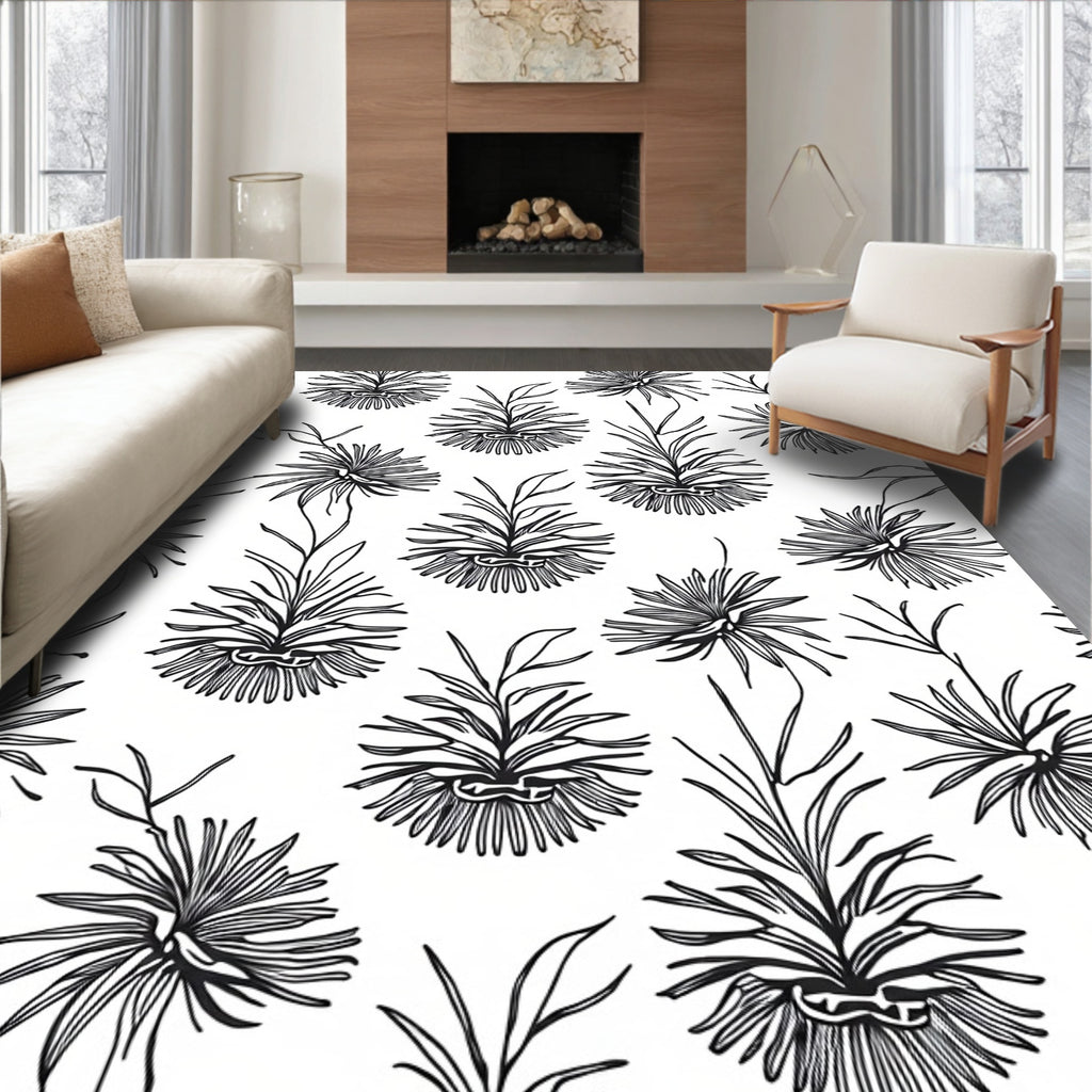 Black White Botanical Floral Outline Rug