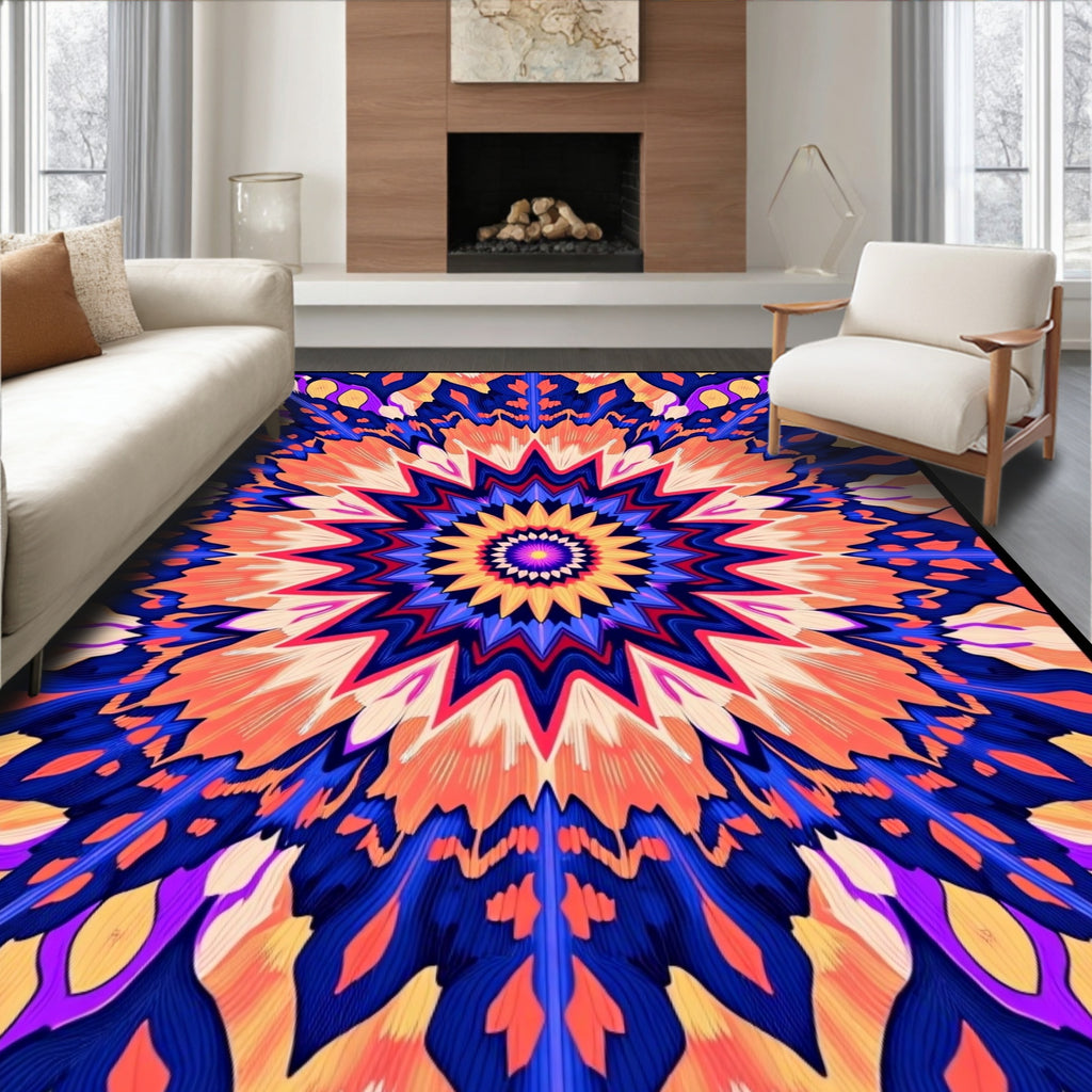 Vibrant Orange Blue Starburst Kaleidoscope Rug